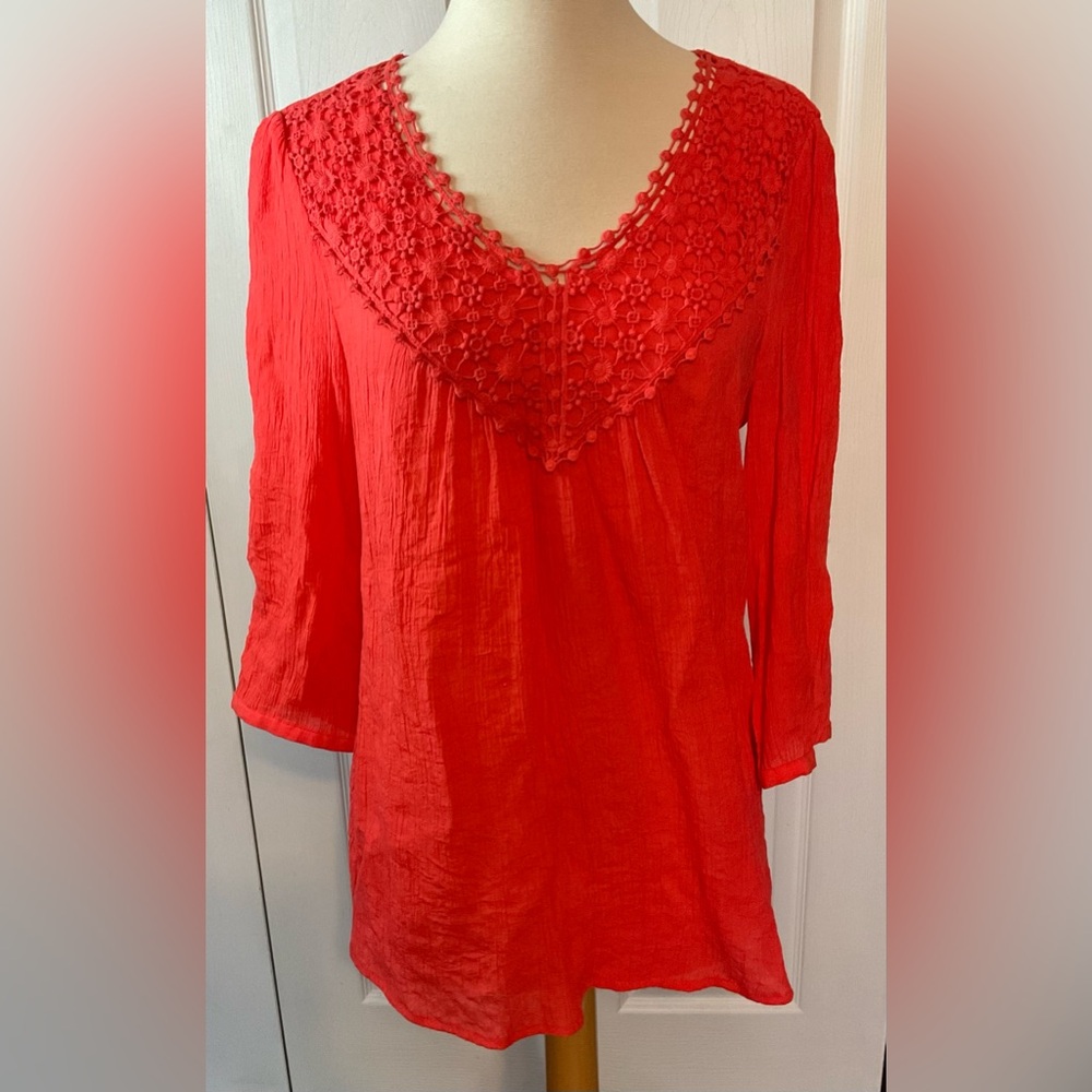 Spense Coral Orange Pink Embellished Tunic Top Blouse Size Medium